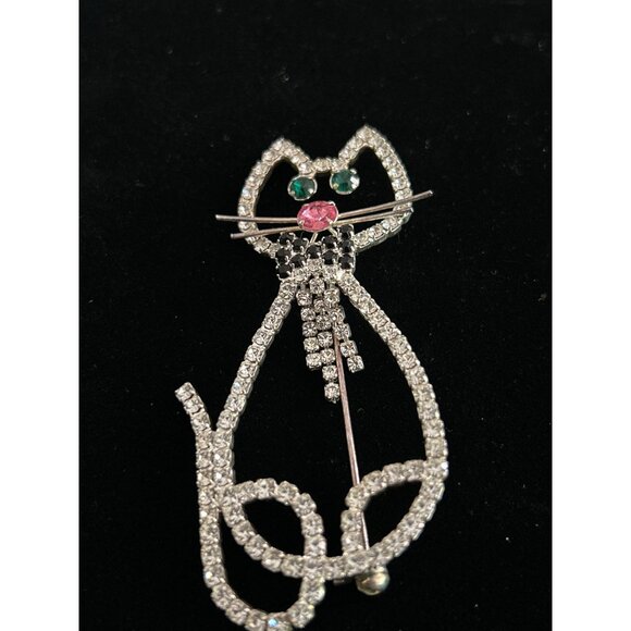 Vintage Sparkling Rhinestone Large Cat Bowtie Brooch Pin - Picture 3 of 6